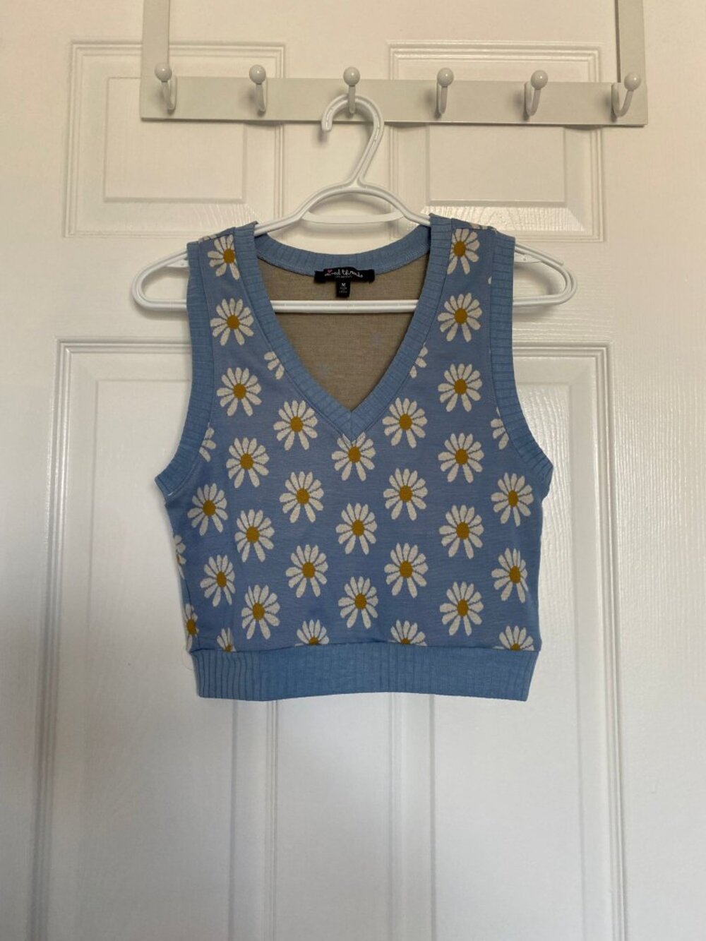 Daisy Print Sweater Vest Cropped V-Neck Blue Floral Knit Size M